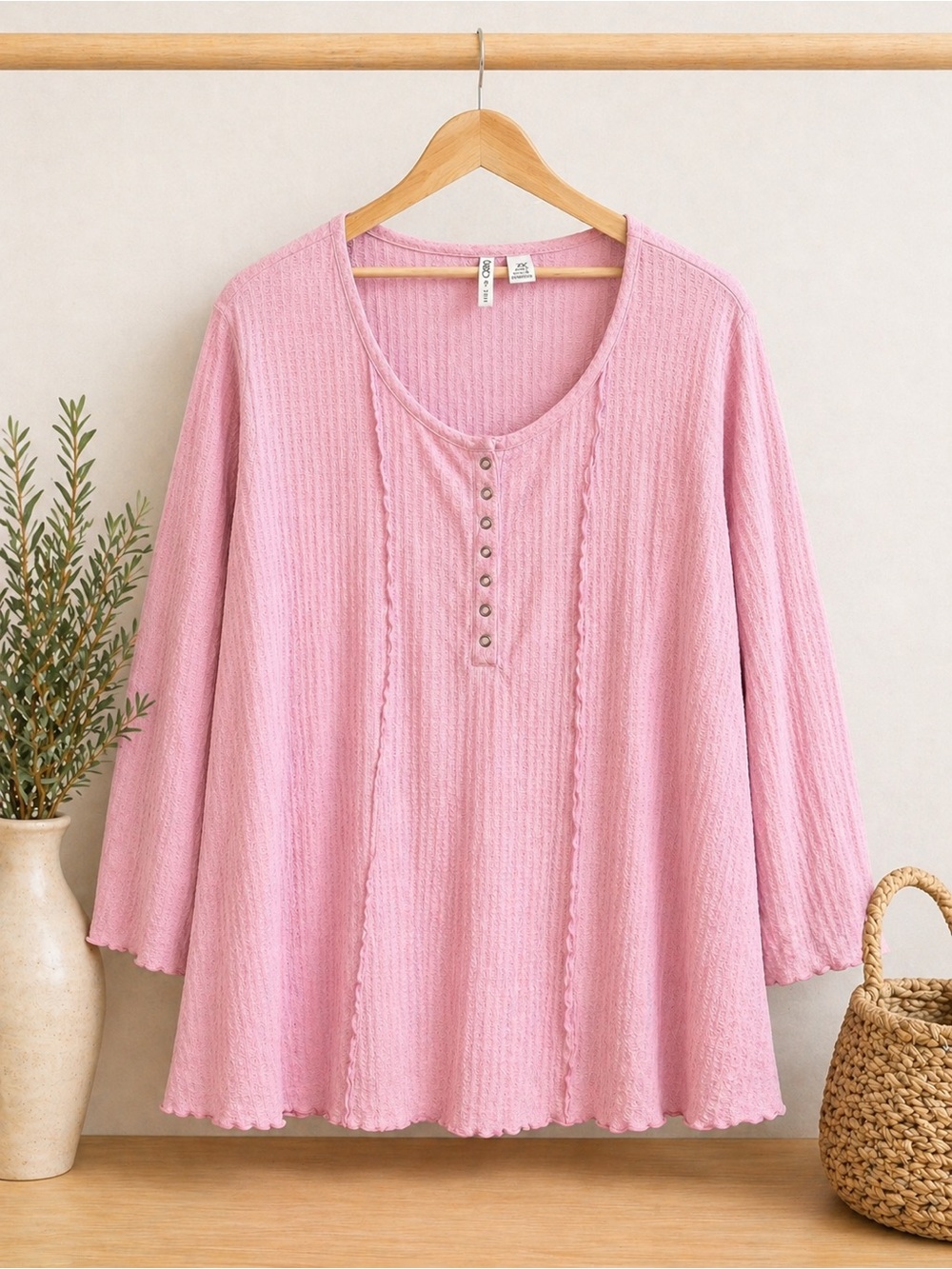 Cato 22/24W Pink Waffle Knit Henley Top Plus Size Long‎ Sleeve Casual